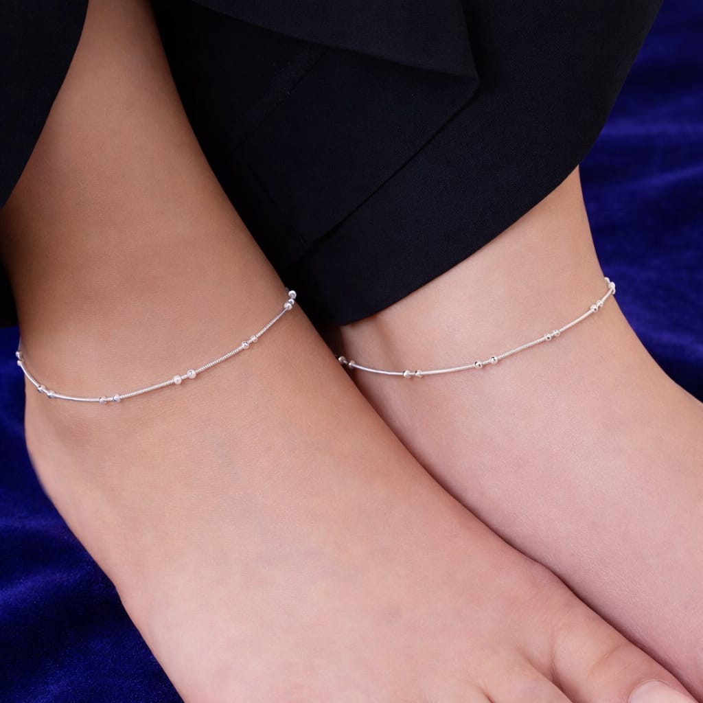 Classic Silver Beaded Anklet Pair