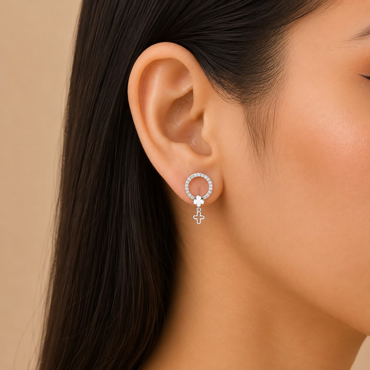 Aurellion Celeste Clover Drop Silver Stud Earrings – Zircon Circle Designer Earrings for Women