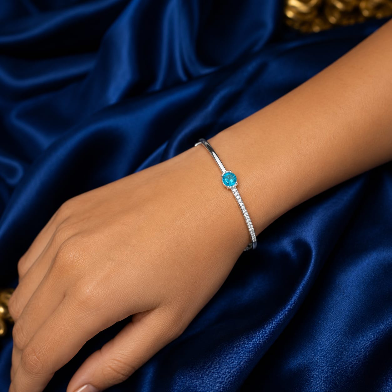925 Sterling Silver Kada Bracelet with Blue Zircon Diamond – Elegant Statement KadaPR418-718