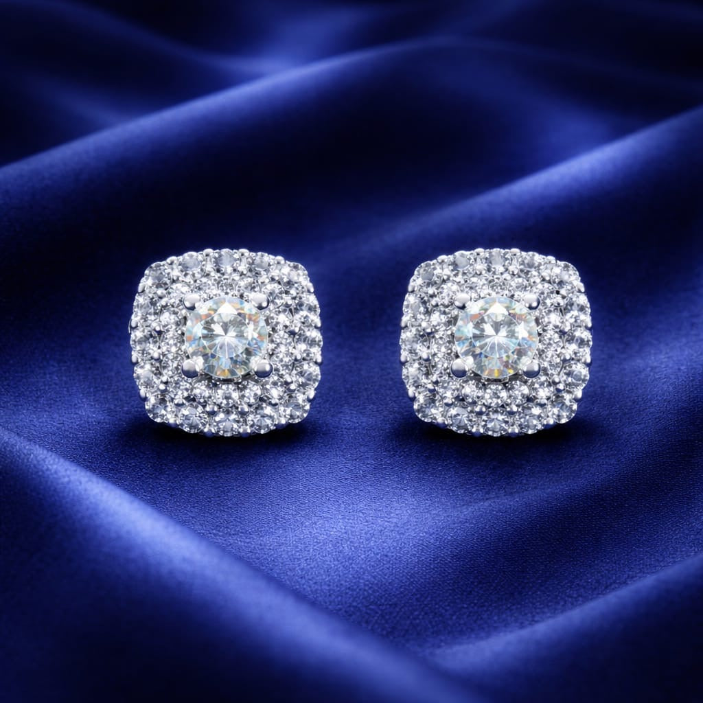 925 Sterling Silver Square Stud Earrings for Women | Centre Solitaire Zircon with Side Diamond Stones | Elegant Party & Daily Wear Jewellery RRJ0290-350