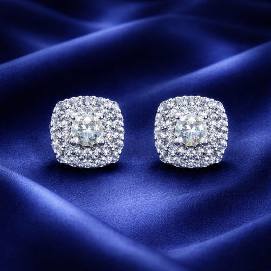 925 Sterling Silver Square Stud Earrings for Women | Centre Solitaire Zircon with Side Diamond Stones | Elegant Party & Daily Wear Jewellery RRJ0290-350