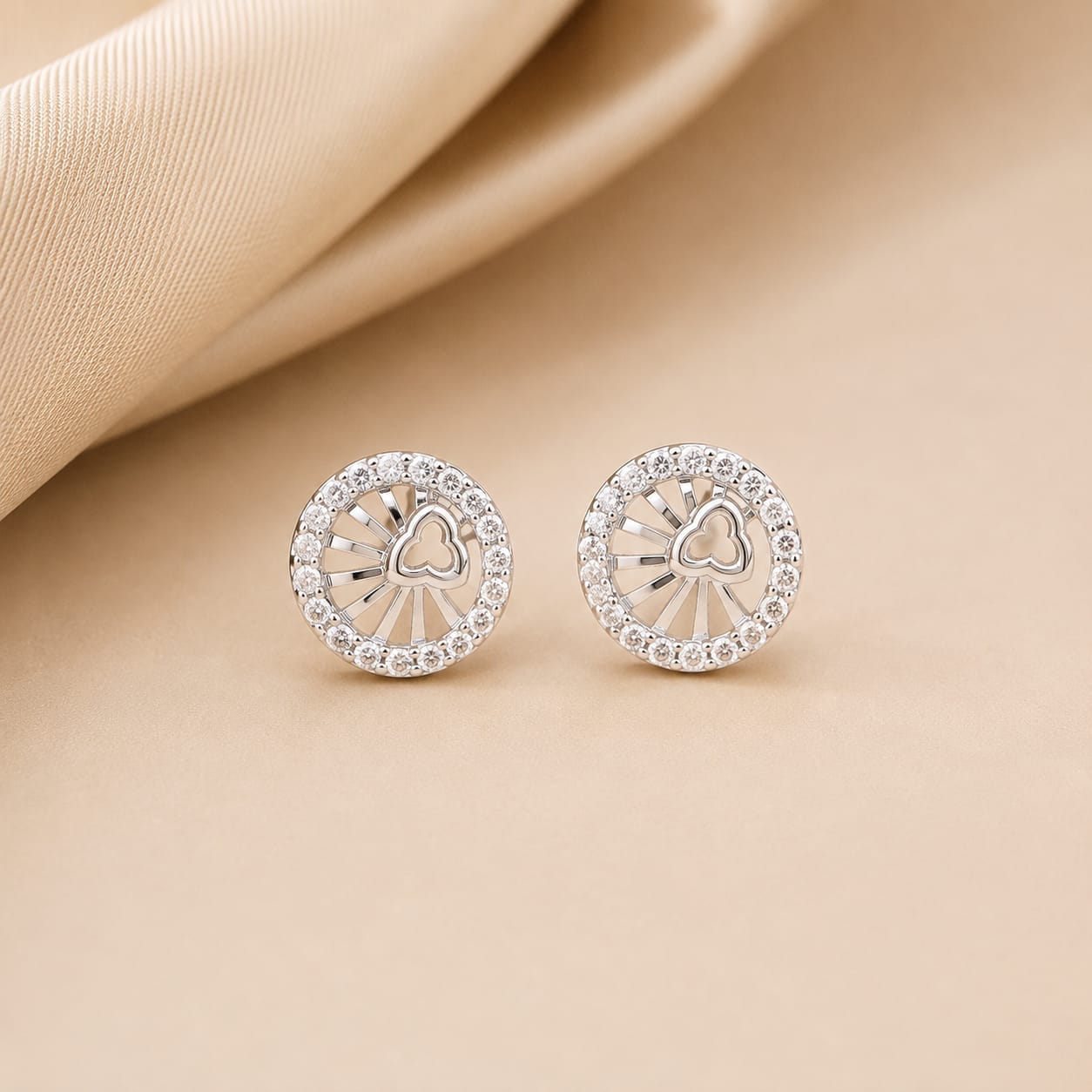 Radiant Clover Halo Silver Stud Earrings – Zircon Designer Studs for Women