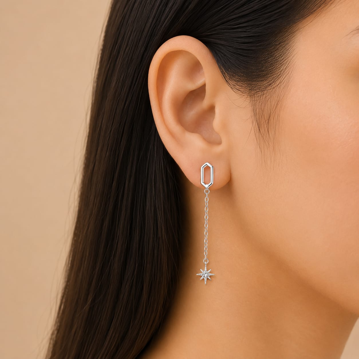 Celestial Star Drop Silver Earrings – Minimalist Chain Dangle Earrings