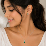 925 Sterling Silver Round Green Stone Pendant with Matching Stud Earrings | Elegant Minimal Jewelry Set for Women RRJ0097-391
