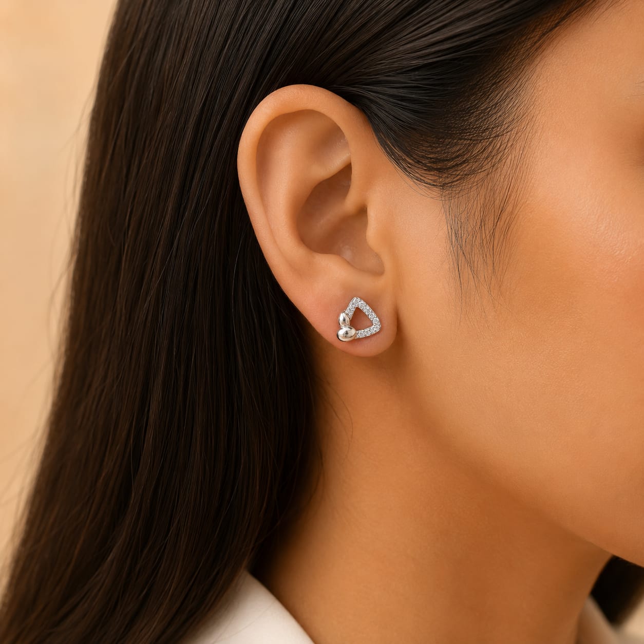 Trinity Glow Silver Stud Earrings – Geometric Zircon Designer Earrings for Women