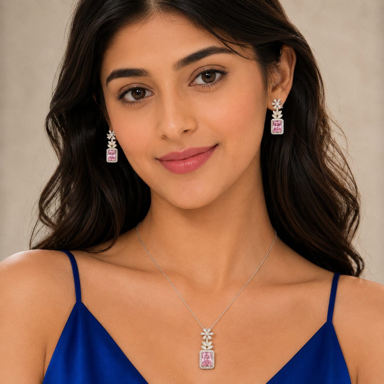 925 Sterling Silver Pink Emerald-Cut Pendant Set for Women | Rectangular Pink Stone with Zircon Halo & Leaf Design | Wedding & Party Jewellery RR0705412
