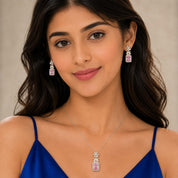 925 Sterling Silver Pink Emerald-Cut Pendant Set for Women | Rectangular Pink Stone with Zircon Halo & Leaf Design | Wedding & Party Jewellery RR0705412