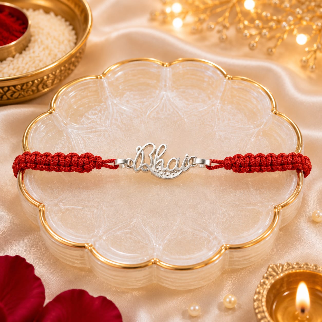 Silver "Bhai" Name Rakhi – Elegant Script Charm on Handwoven Red Thread