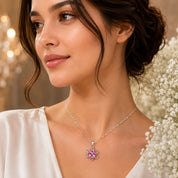 Roselle Chain – Pink Crystal Floral Silver Pendant Necklace (JS579)