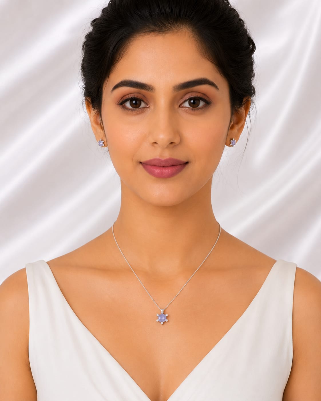 Lavender Stone Pendant Necklace & Stud Earrings Set