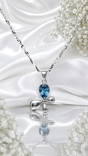 Azure Bloom Chain – Elegant Blue Crystal Floral Silver Pendant Necklace (JS5800)