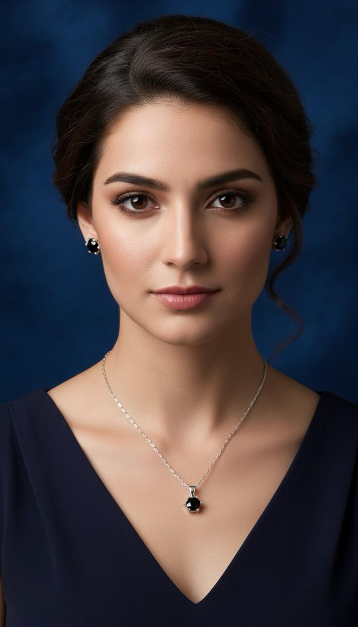 Black Stone Pendant Necklace & Stud Earrings Set