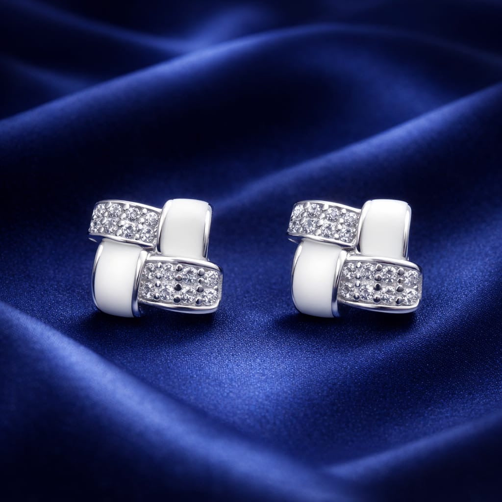 925 Sterling Silver Diamond Studded Earrings with White Enameling | Designer Party Wear Earrings for Women | Elegant Festive JewelleryRRJ0196-355