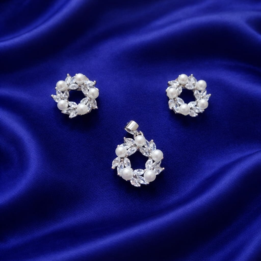 Elegant Pearl Floral Pendant & Earrings Jewellery Set – Silver Finish