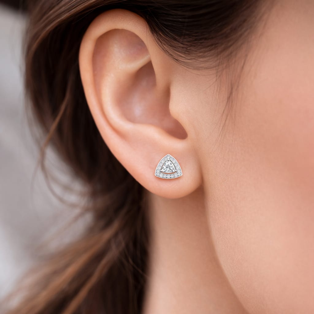Silver Triangle Halo Stud Earrings – Premium Sparkle Design (Er 728- dp 150)