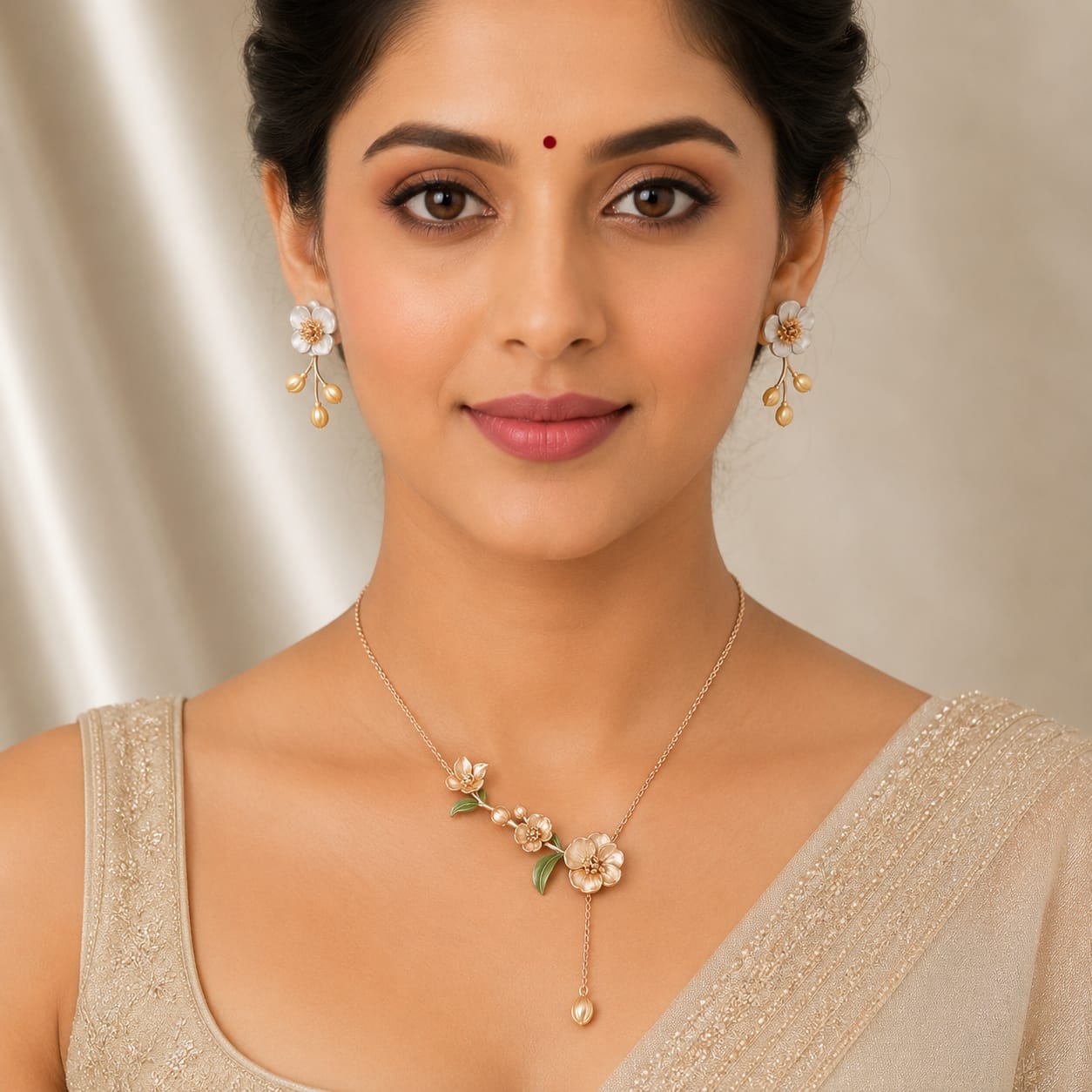 925 Sterling Silver Floral Pendant Set with Chain & Drop Earrings | Dual-Tone Enamel Flower Design | Elegant Wedding & Festive Jewellery for Women VR2119-704