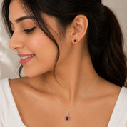 925 Sterling Silver Princess Cut Red Stone Pendant with Matching Stud Earrings | Elegant Solitaire Jewelry Set for Women RRJ0097-394