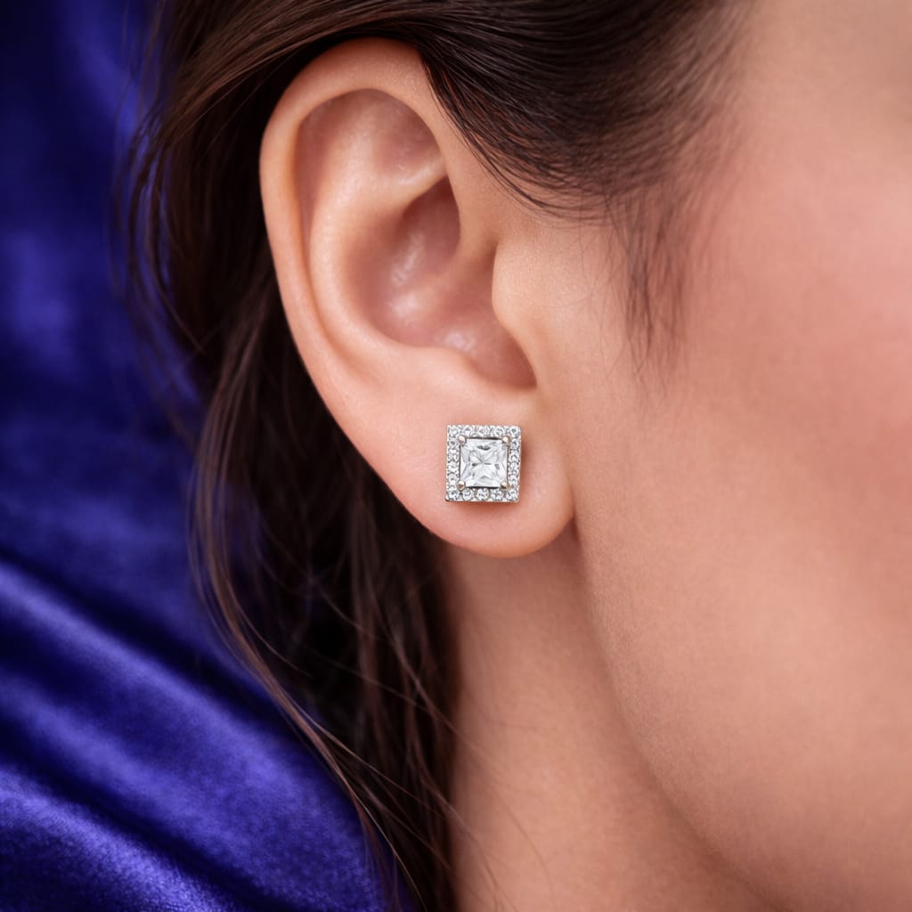 Silver Princess Halo Stud Earrings – Square Luxury Sparkle (Pr - 407-158)