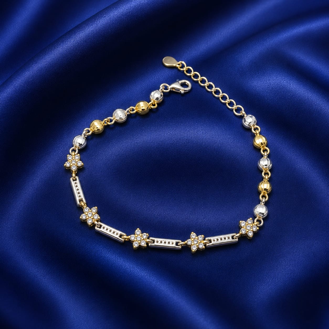 Fleur Royale Two-Tone Silver Bracelet – Floral Zircon Charm Bracelet (JB679)