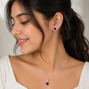 925 Sterling Silver Heart Blue Stone Pendant with Matching Stud Earrings | Elegant Jewelry Set for Women | Gift for Her RRJ0108-321