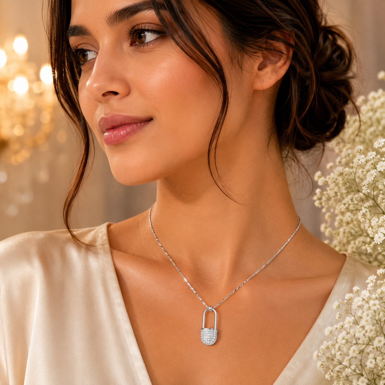 Aura Lock Chain – Elegant Silver Lock Pendant with Chain (JS600)