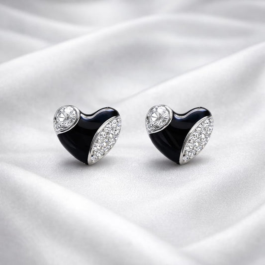 925 Sterling Silver Black Enamel Heart Earrings for Women | Diamond Studded Designer Heart Studs | Romantic Party & Daily Wear JewelleryRRJ0211-326