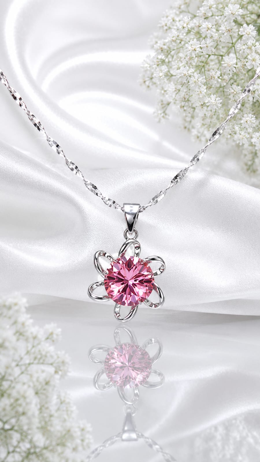 Roselle Chain – Pink Crystal Floral Silver Pendant Necklace (JS579)