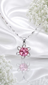 Roselle Chain – Pink Crystal Floral Silver Pendant Necklace (JS579)