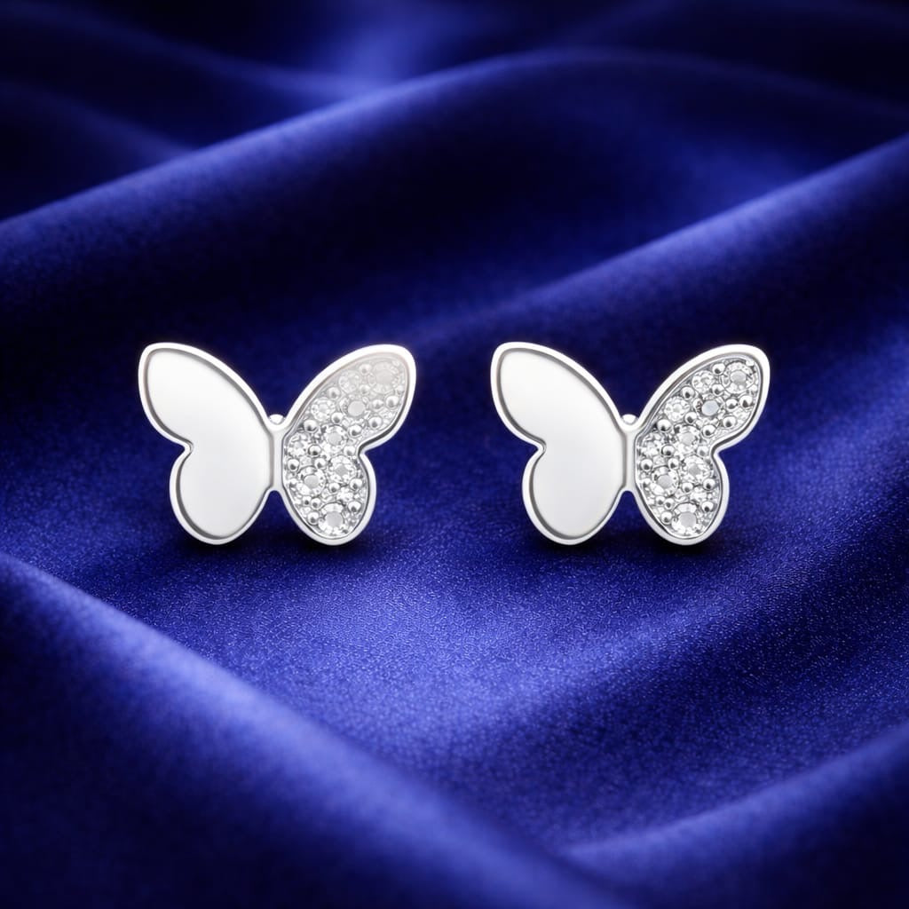 925 Sterling Silver Asymmetrical Butterfly Stud Earrings for Women | One Wing Diamond Studded & One Wing Plain Silver | Elegant Daily Wear Jewellery RRJ167-357