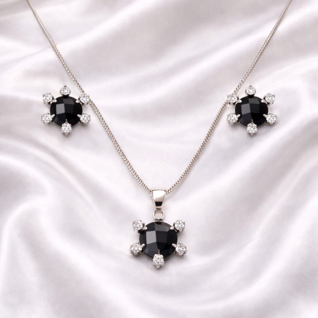 Black Stone Pendant Necklace & Stud Earrings Set