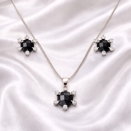 Black Stone Pendant Necklace & Stud Earrings Set