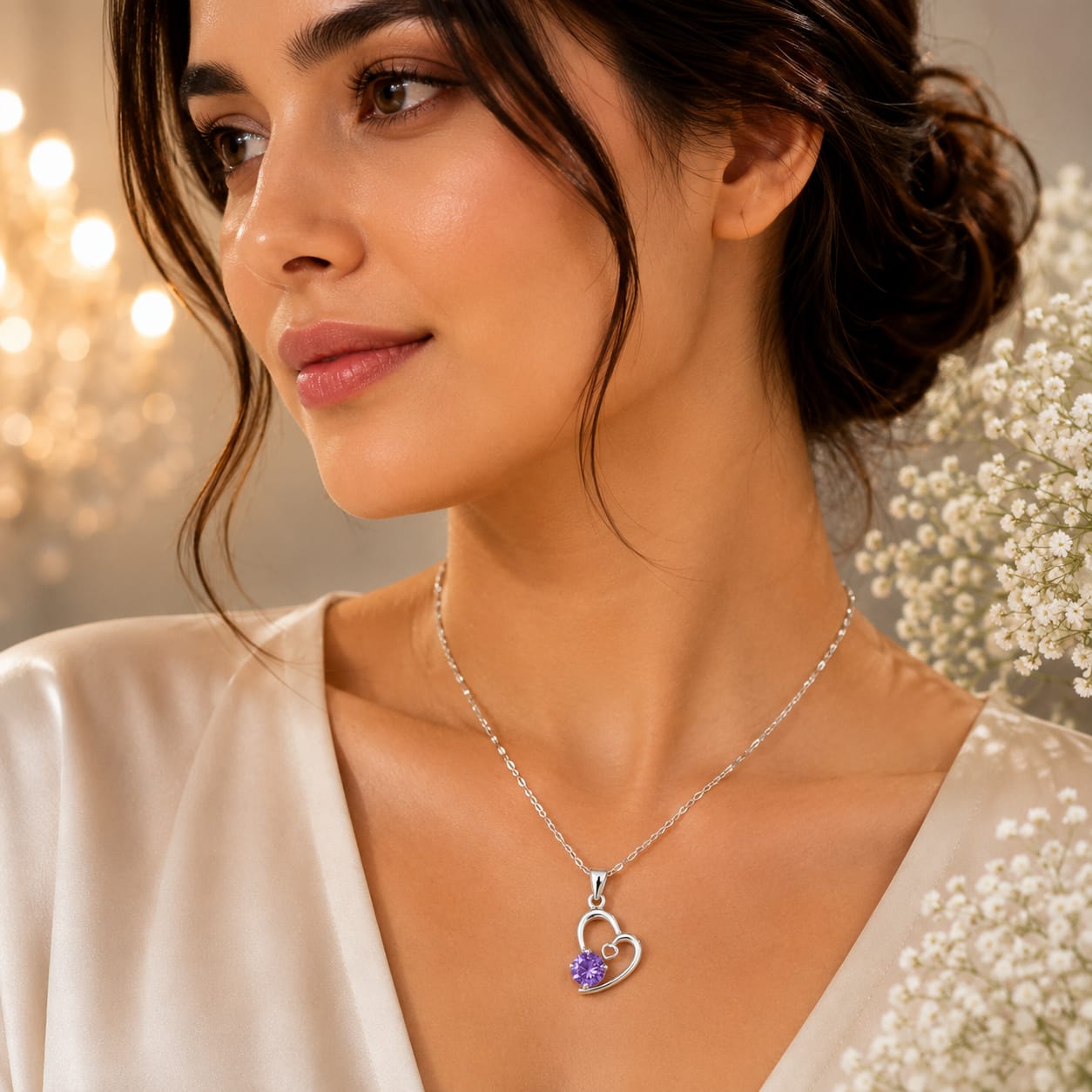 Amora Heart Chain – Silver Heart Pendant Necklace with Purple Crystal (JS483)
