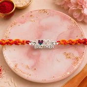 Silver "Love Brother" Rakhi – Heart Accent Script Charm on Traditional Red & Yellow Thread