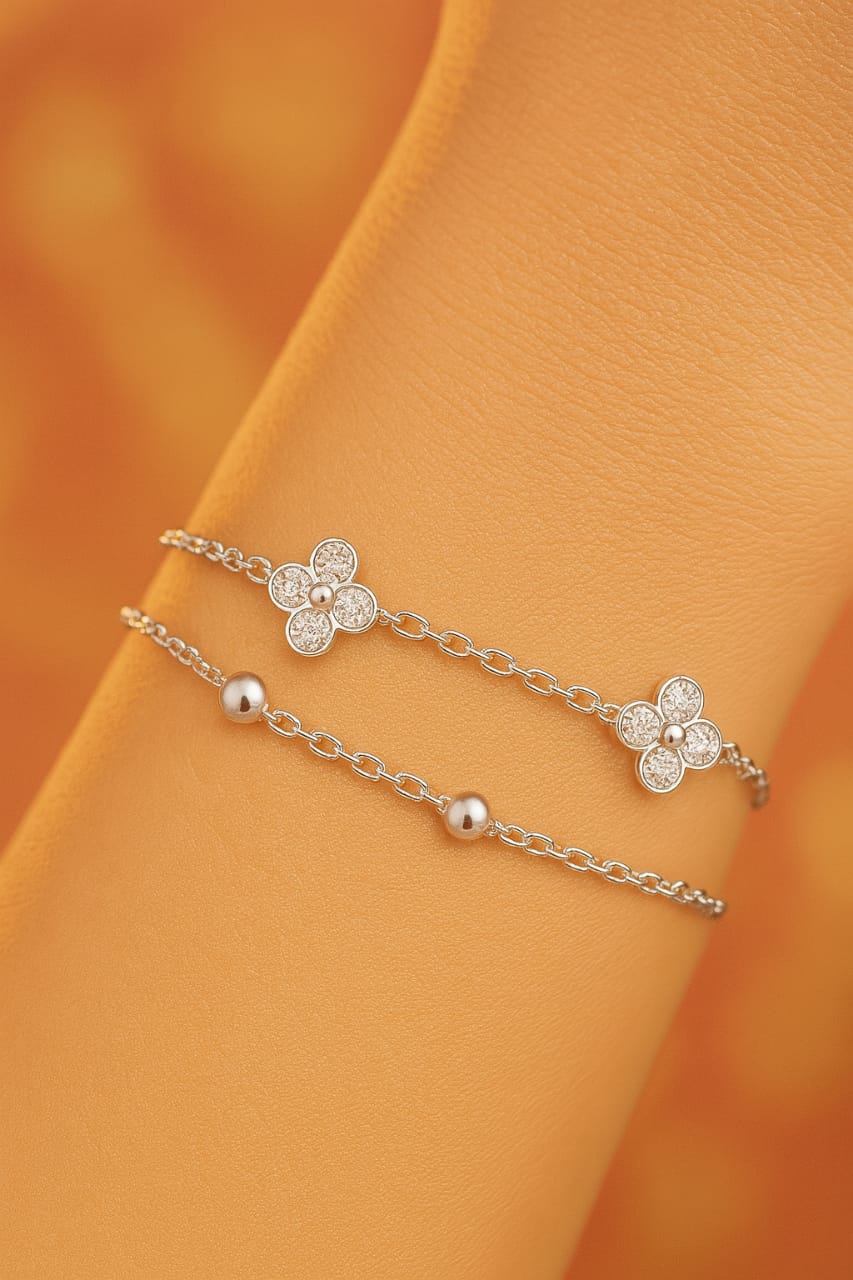 925 Sterling Silver Two-Layered Bracelet for Women | Dual Chain Design with Sparkling Diamonds | Elegant & Adjustable Wristwear MY510-258
