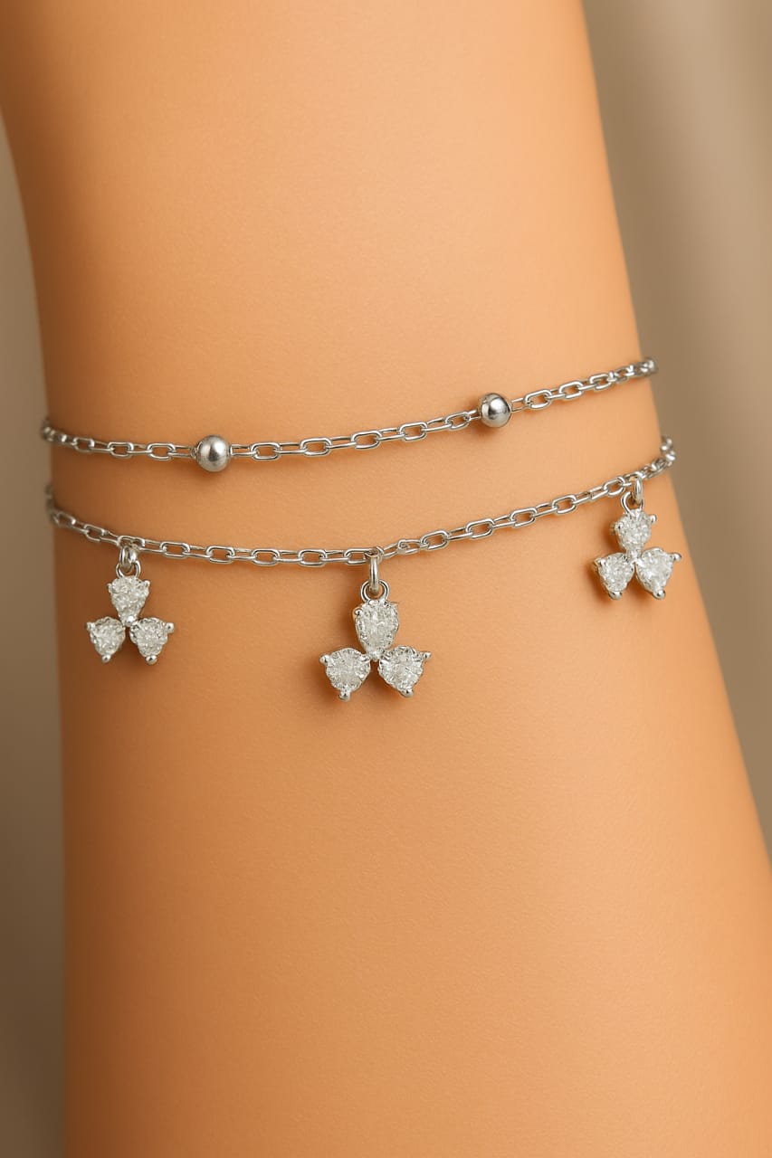 925 Sterling Silver Two-Layered Bracelet for Women | Dual Chain Design with Sparkling Diamonds | Elegant & Adjustable Wristwear MY506-323