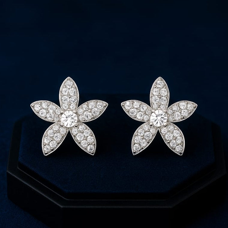 925 Sterling Silver Floral Stud Earrings | Diamond-Cut CZ Petals | Elegant Festive Jewelry for Women DP300-ER732