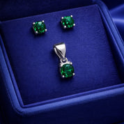 925 Sterling Silver Round Green Stone Pendant with Matching Stud Earrings | Elegant Minimal Jewelry Set for Women RRJ0097-391