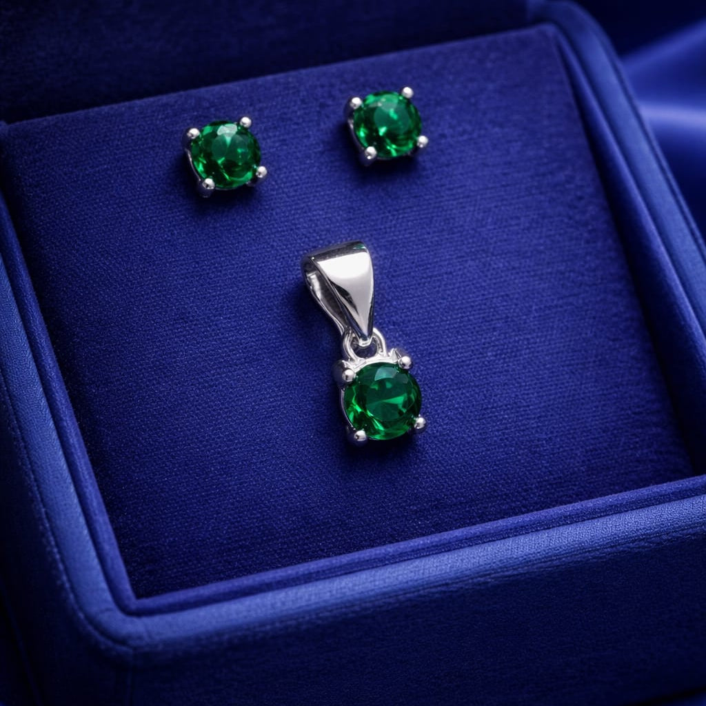 925 Sterling Silver Round Green Stone Pendant with Matching Stud Earrings | Elegant Minimal Jewelry Set for Women RRJ0097-391
