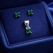 925 Sterling Silver Princess Cut Green Stone Stud Earrings with Matching Single Stone Pendant | Elegant Minimal Jewelry Set for Women