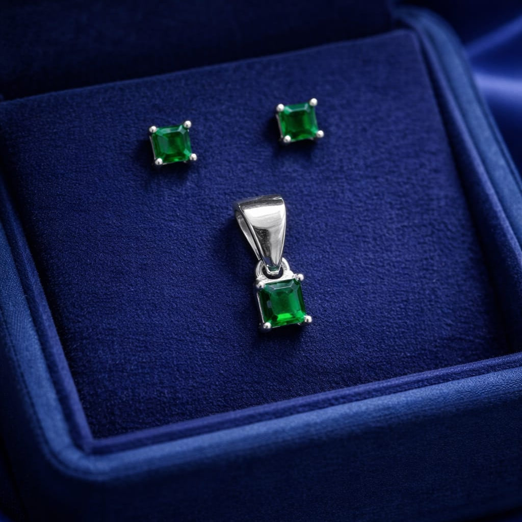 925 Sterling Silver Princess Cut Green Stone Stud Earrings with Matching Single Stone Pendant | Elegant Minimal Jewelry Set for Women