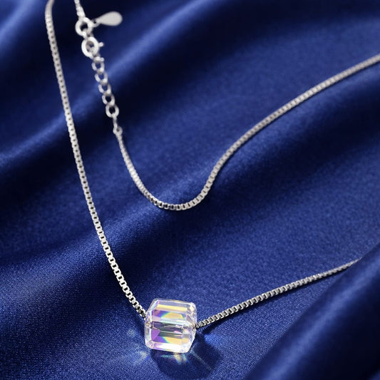 925 Sterling Silver Aurora Crystal Cube Pendant – Modern Luxury Redefined RRJO313-398