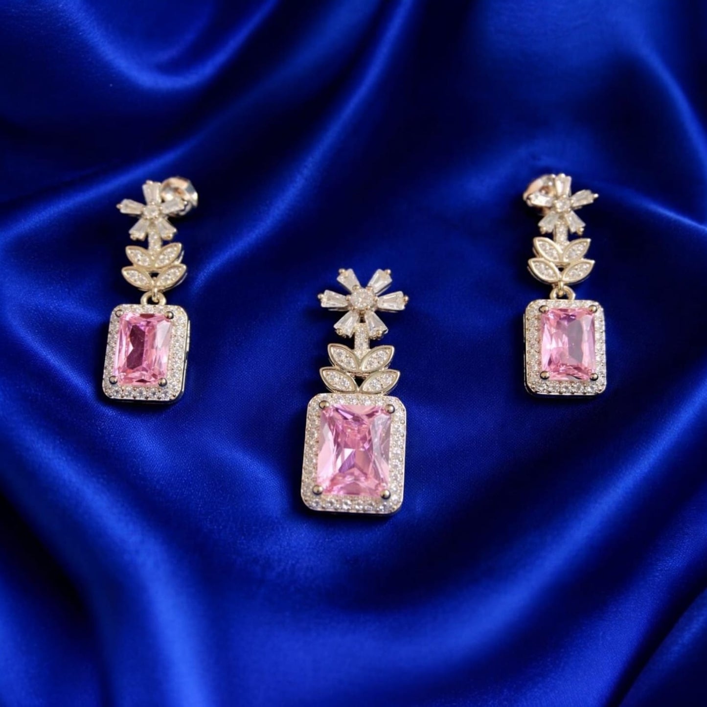 925 Sterling Silver Pink Emerald-Cut Pendant Set for Women | Rectangular Pink Stone with Zircon Halo & Leaf Design | Wedding & Party Jewellery RR0705412