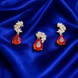 925 Sterling Silver Red Teardrop Pendant Set for Women | Pear Cut Ruby Color Stone with Zircon Leaf Design | Luxury Wedding & Party JewelleryRRJ0464-409