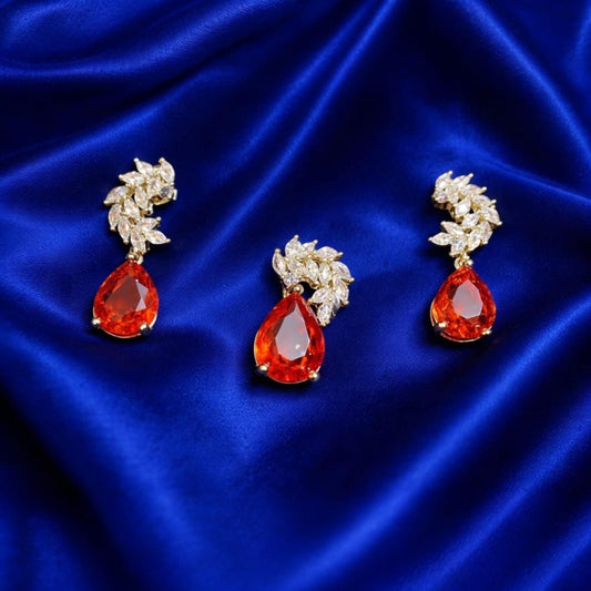 925 Sterling Silver Red Teardrop Pendant Set for Women | Pear Cut Ruby Color Stone with Zircon Leaf Design | Luxury Wedding & Party JewelleryRRJ0464-409