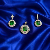 925 Sterling Silver Emerald Green Pendant Set for Women | Square Cut Green Stone with Zircon Halo | Luxury Party & Wedding Jewellery Set RRJ0600-411