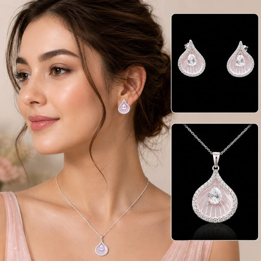 925 Silver Pink Teardrop Pendant & Earrings Set