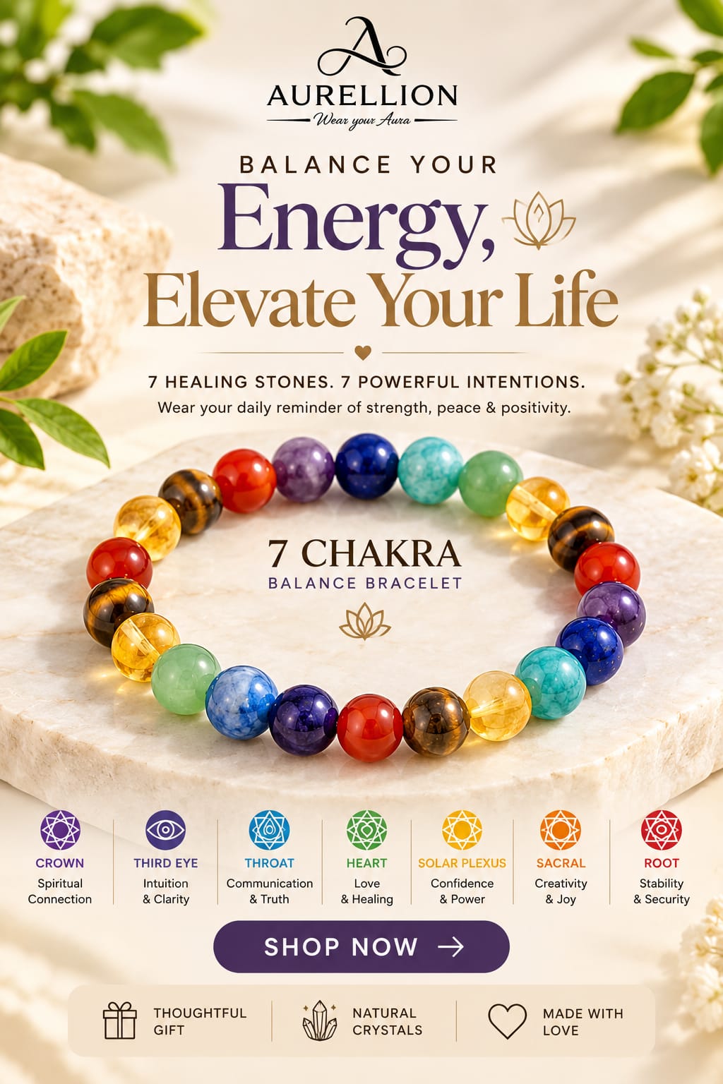 Aurellion 7 Chakra Bracelet for Men & Women | Natural Chakra Healing Crystal Beads Bracelet | 7 Chakra Stones for Balance, Meditation, Yoga & Positive Energy | Adjustable Unisex Bracele