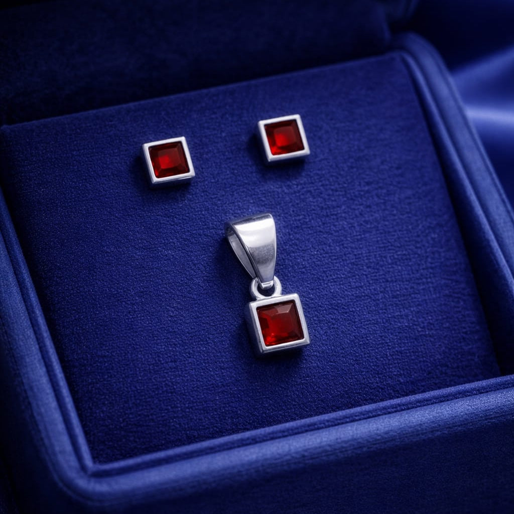 925 Sterling Silver Princess Cut Red Stone Pendant with Matching Stud Earrings | Elegant Solitaire Jewelry Set for Women RRJ0097-394