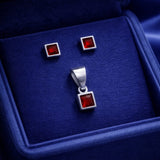 925 Sterling Silver Princess Cut Red Stone Pendant with Matching Stud Earrings | Elegant Solitaire Jewelry Set for Women RRJ0097-394
