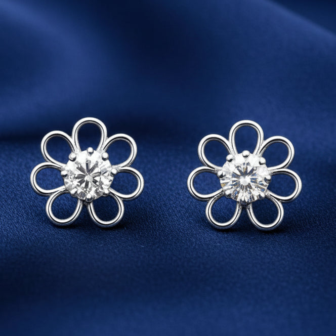 25 Sterling Silver Floral Stud Earrings with Zircon Diamond | Elegant Flower Design | Lightweight Daily Wear Jewellery for Women & Girls ER719-DP100